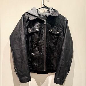 Alivia Ford Woman’s Black Leather Jacket with Gray Hood